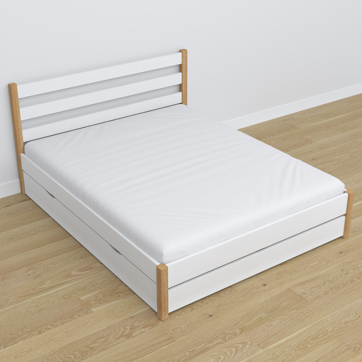 Tweepersoonsbed wit met eiken – poten en onderstel houten, close-up