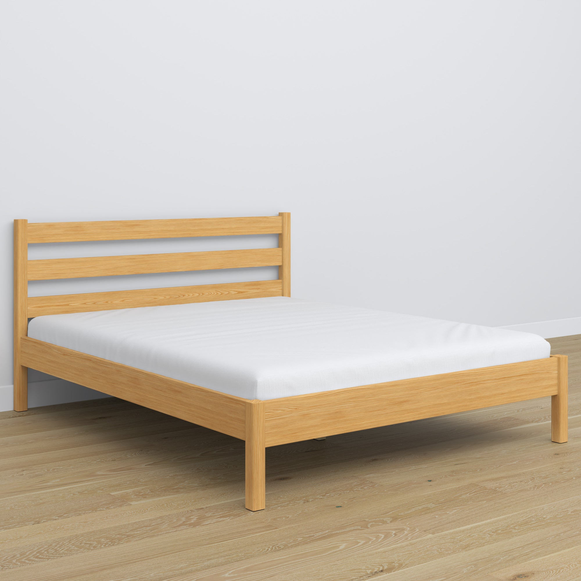 Tweepersoonsbed naturel grenen – houten hoofdeinde, close-up van houtskwaliteit