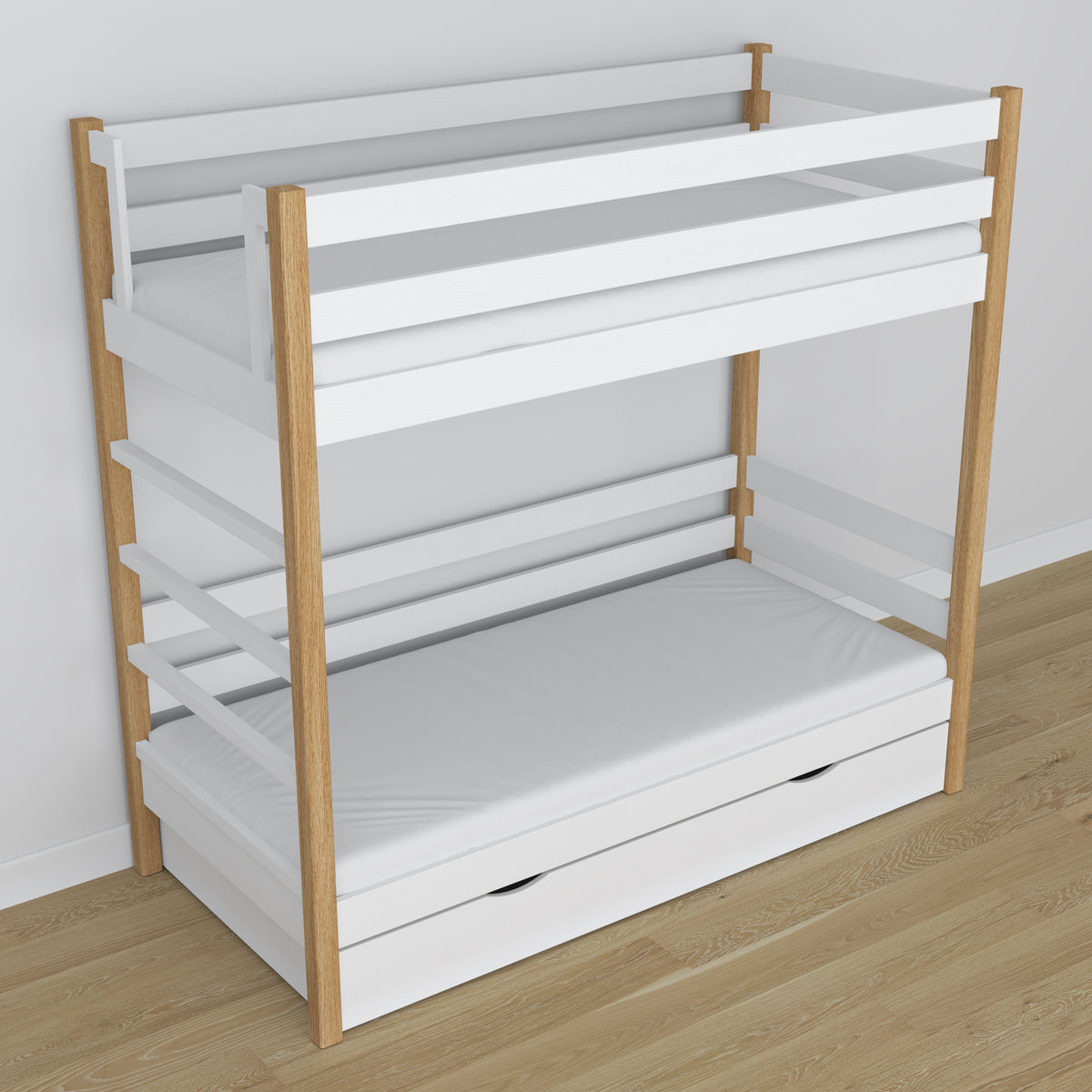 Stapelbed van hout wit-eiken met lade – afmetingen en schema, Nizio