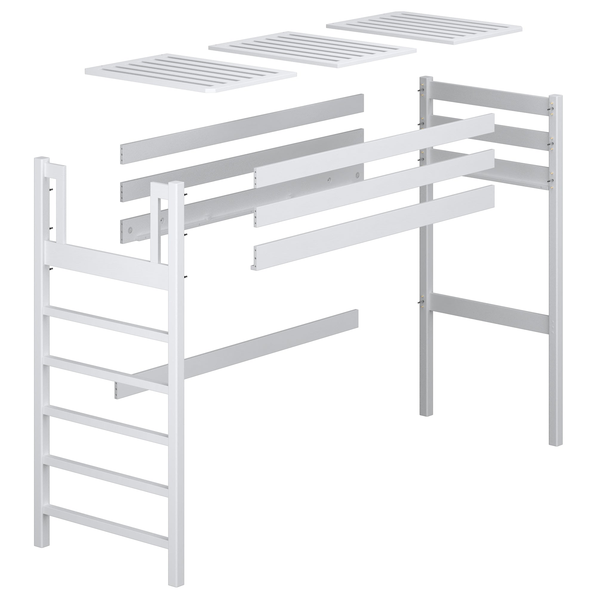 Loft bed grey – wooden posts and joints, close-up on quality
