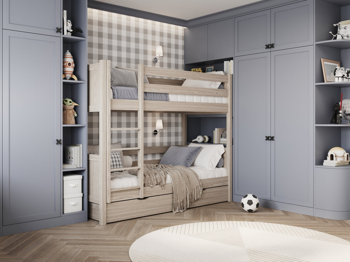 Stapelbed eikenhouten gewit eiken – lade open, ruime opbergruimte onder het bed