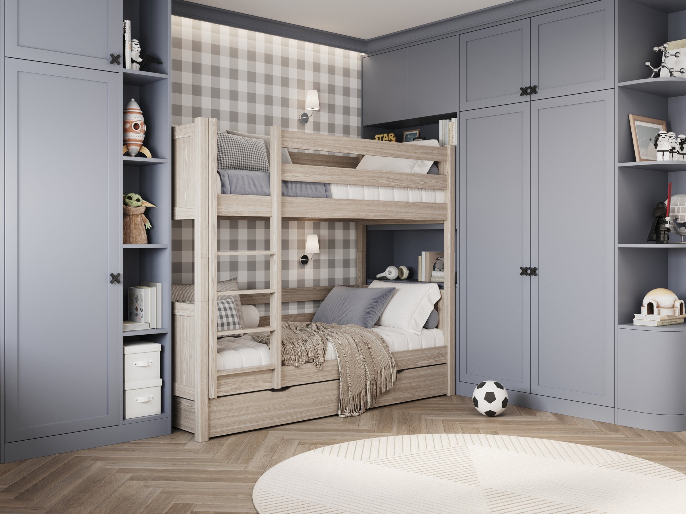 Stapelbed eikenhouten gewit eiken – lade open, ruime opbergruimte onder het bed