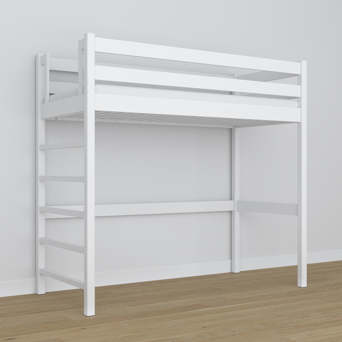 Hoogslaper N01 wit zijdelingse ladder massief hout, bed voor tiener- en kinderkamer