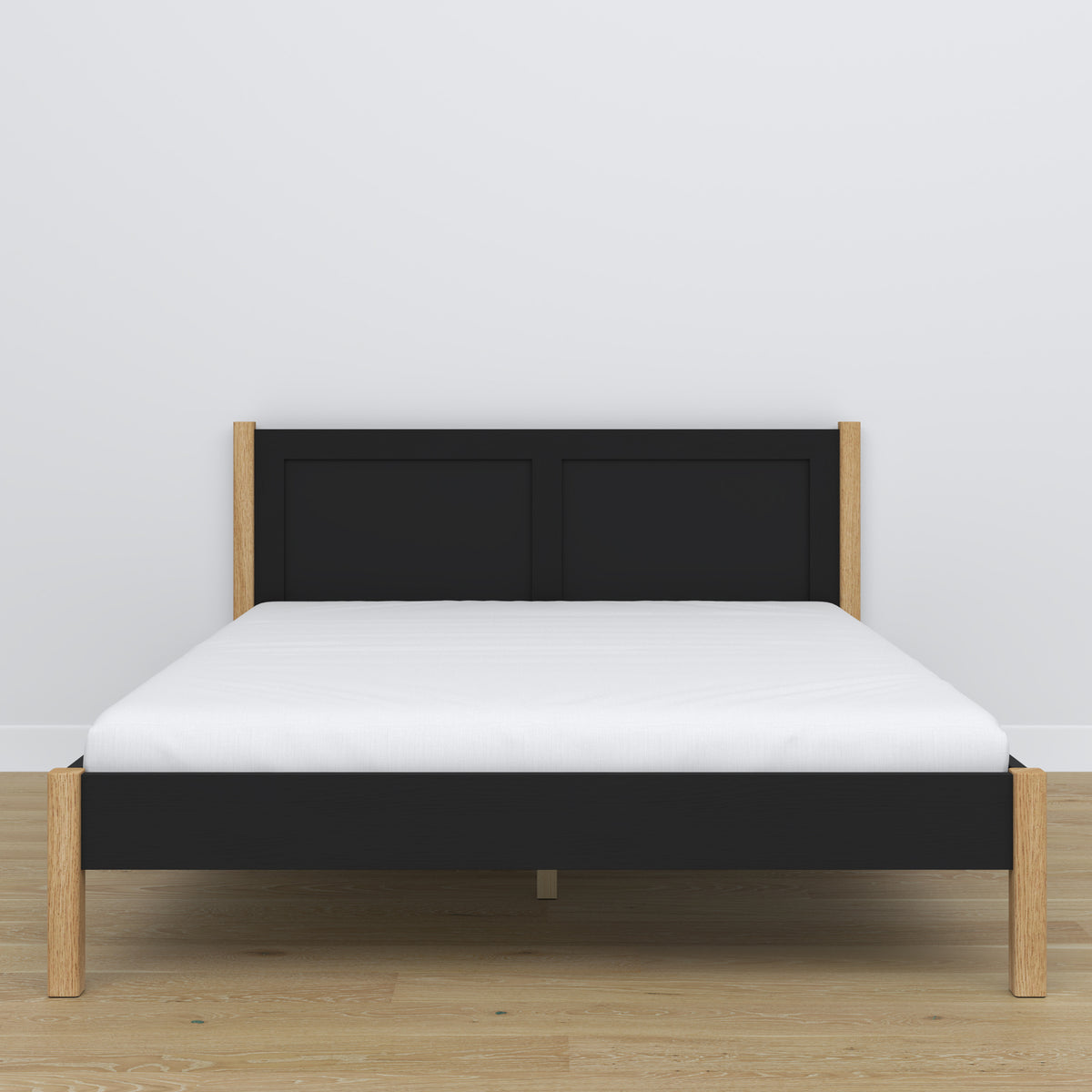 Houten tweepersoonsbed zwart-eiken – zijaanzicht, proporties en vorm, slaapkamer