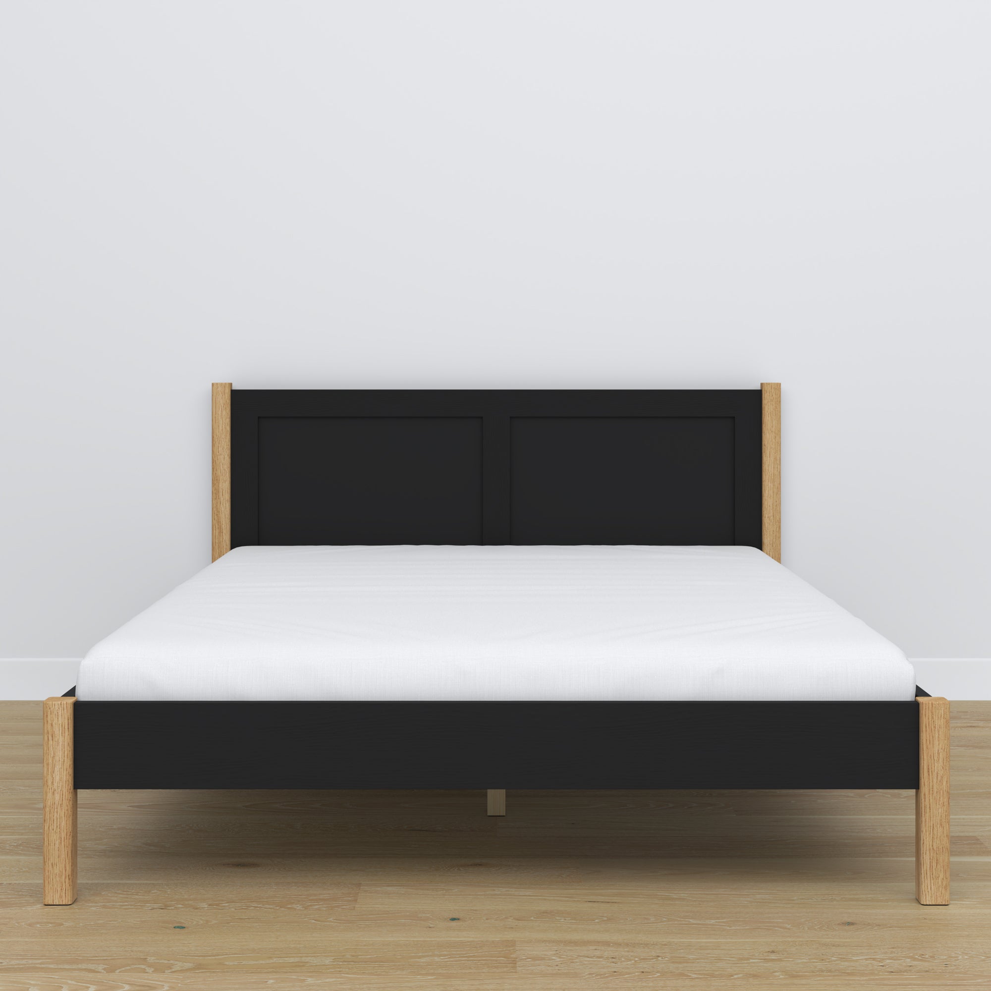 Houten tweepersoonsbed zwart-eiken – zijaanzicht, proporties en vorm, slaapkamer