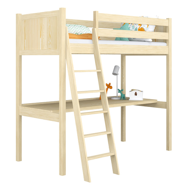 Lit mezzanine avec bureau en bois pin incolore – chambre d'enfant, scandinave Nizio