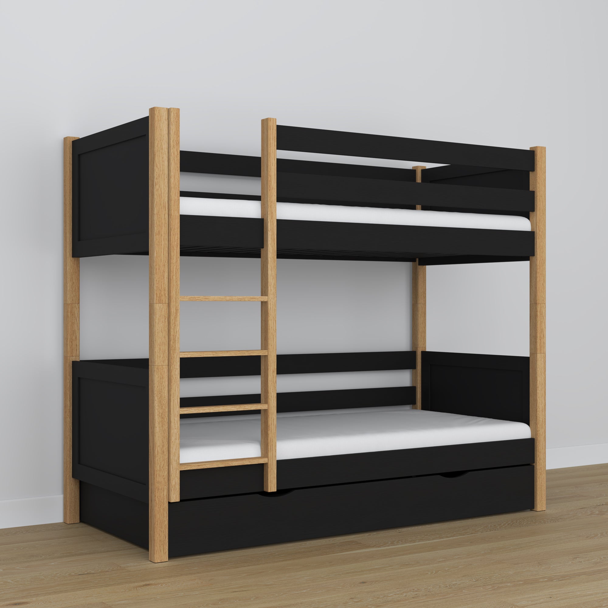 Lit superposé en bois noir-chêne – détails des assemblages et de l'échelle, chambre d'enfant