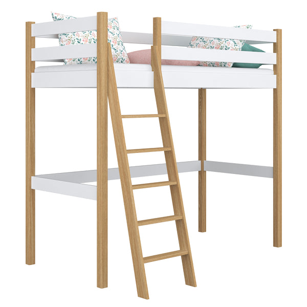 Lit mezzanine blanc-chêne – échelle i barrière en bois, Nizio Home