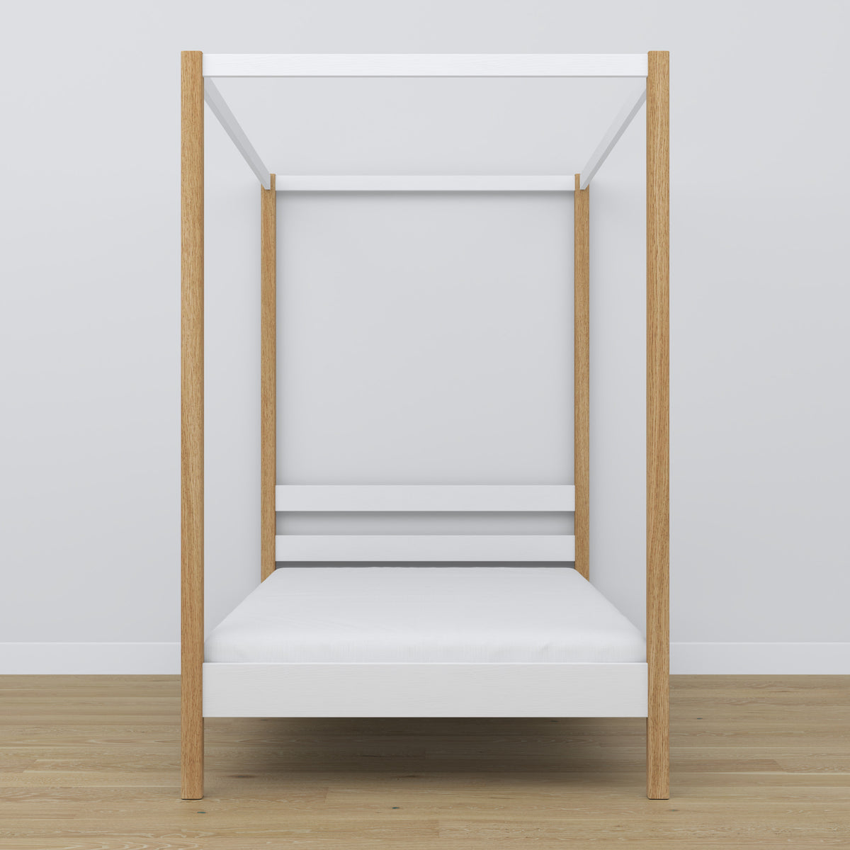 Hemelbed houten wit-eiken – close-up op hemel en hoofdeinde