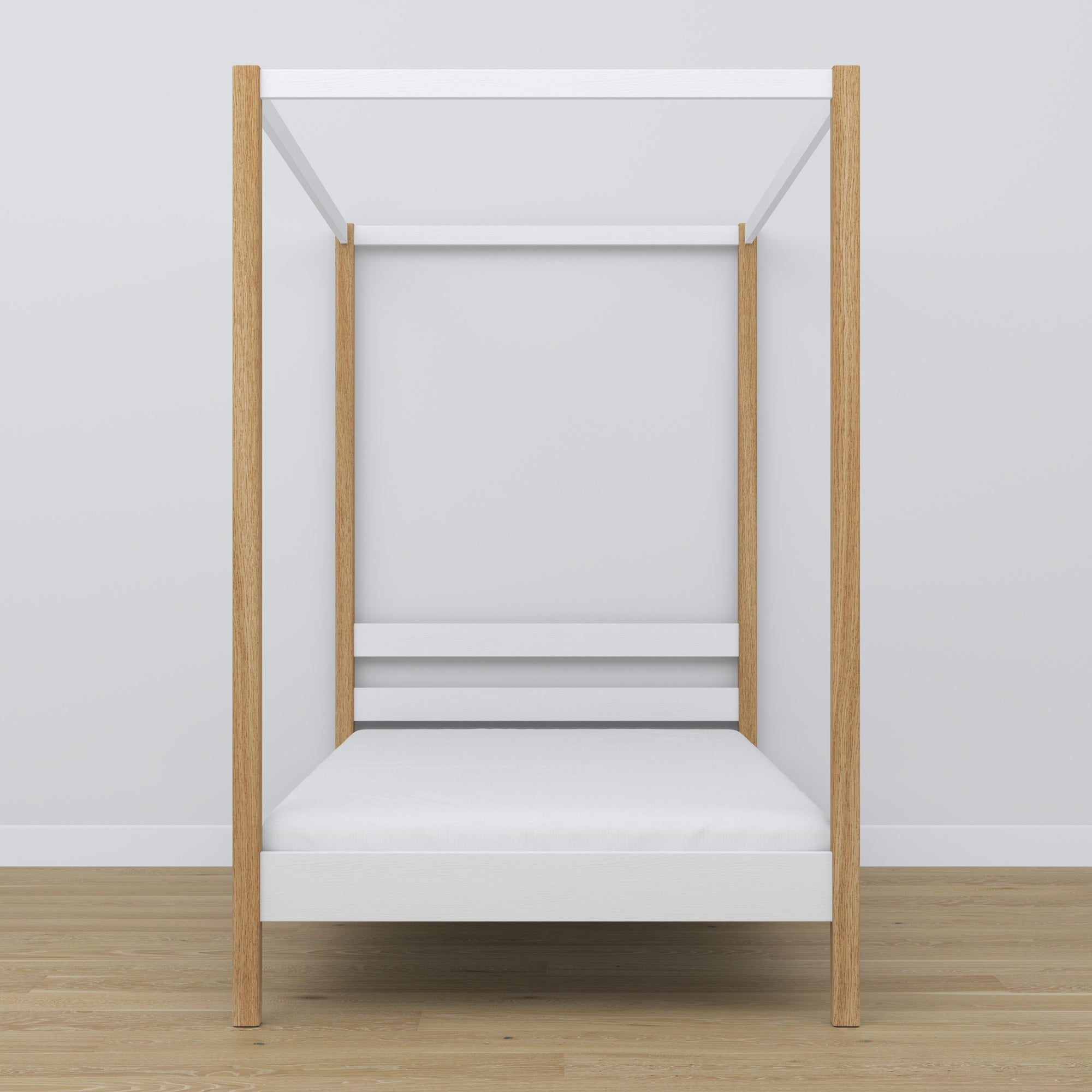 Hemelbed houten wit-eiken – close-up op hemel en hoofdeinde