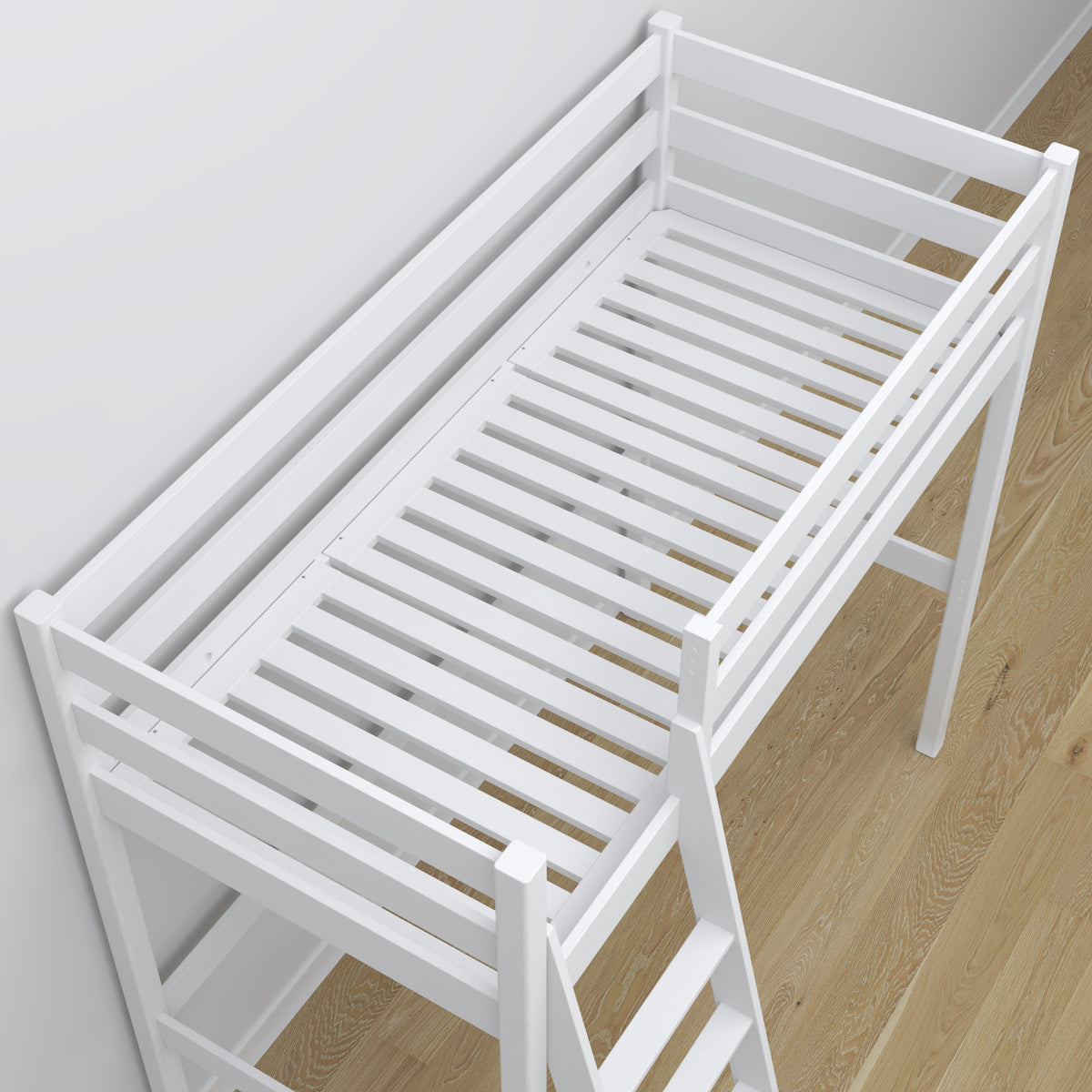 Hoogslaper houten wit – frame met lattenbodem, zijaanzicht