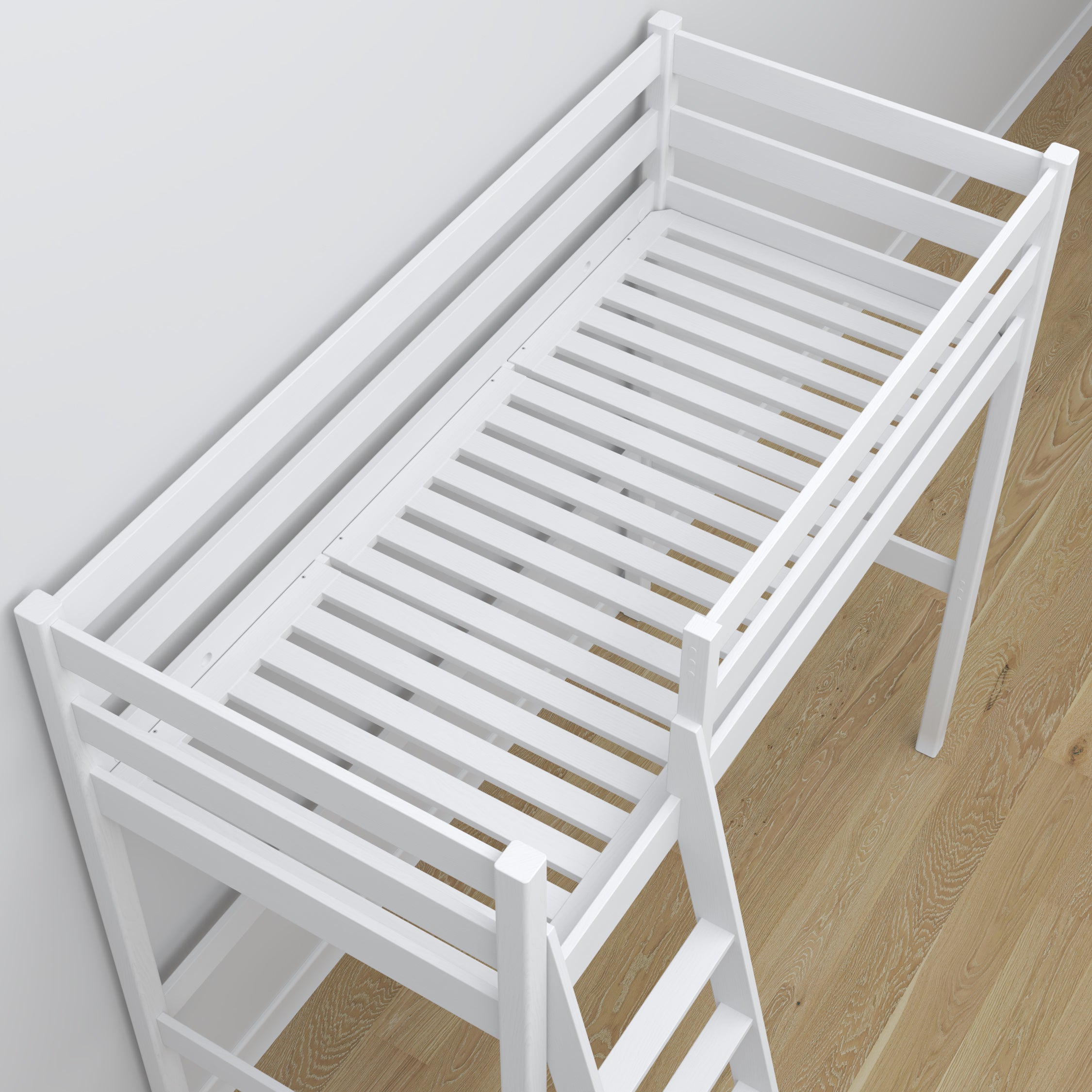 Hoogslaper houten wit – frame met lattenbodem, zijaanzicht