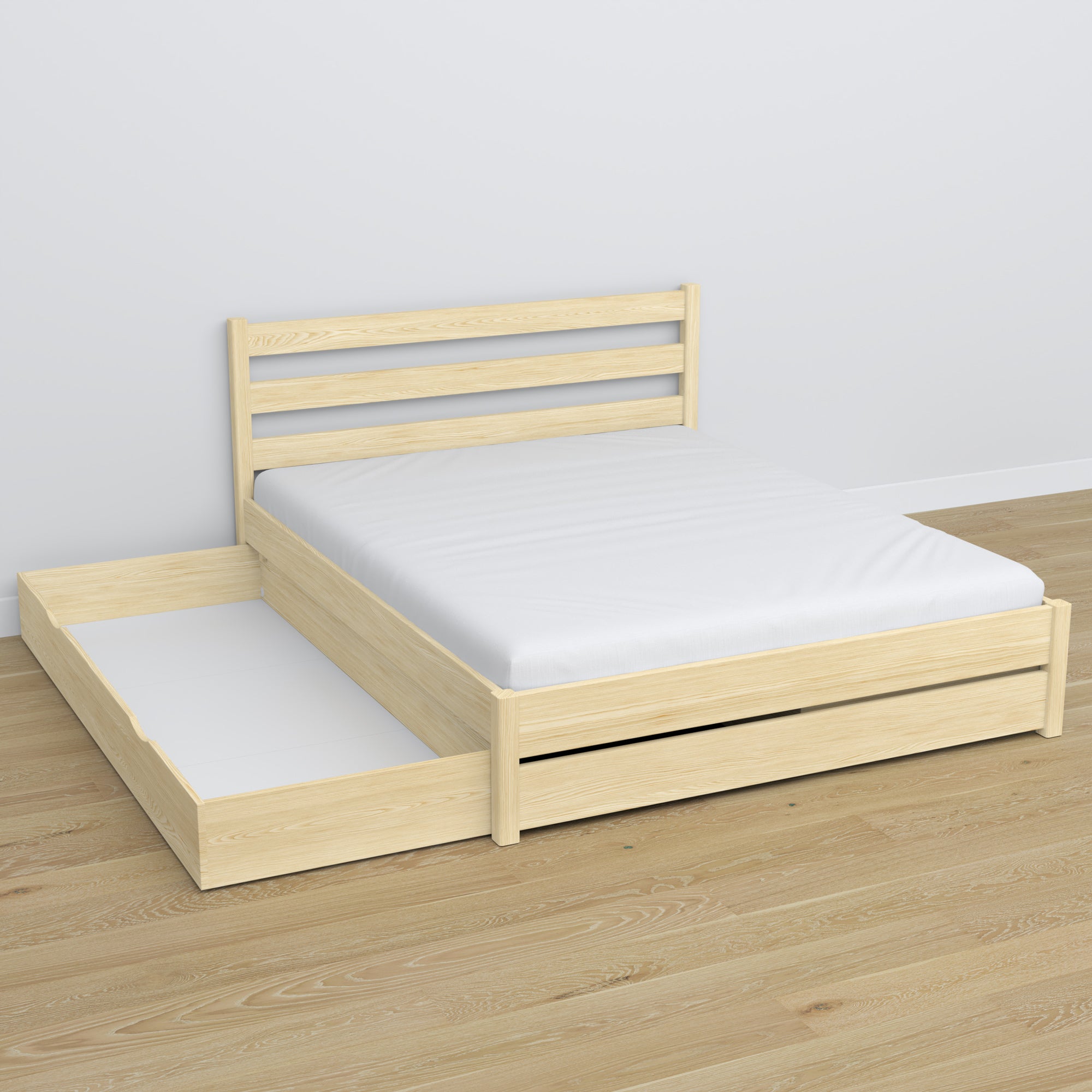 Lit double avec tiroir en bois pin incolore – tiroir ouvert, intérieur spacieux