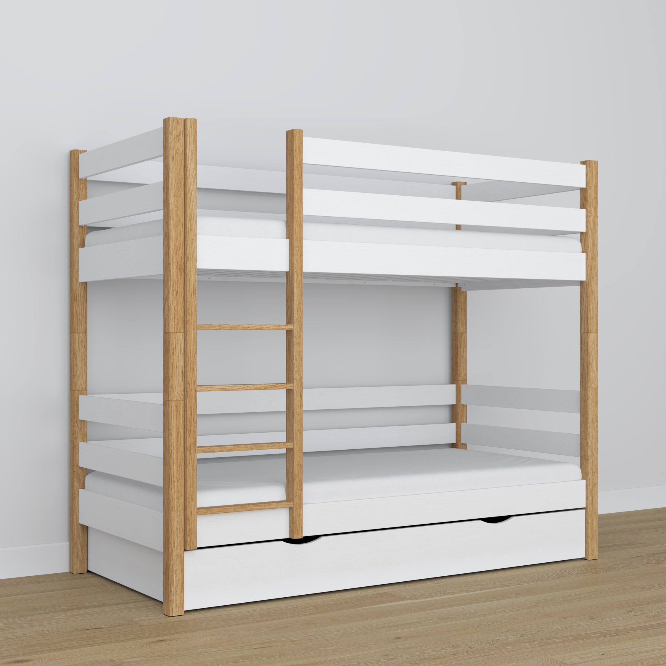Stapelbed houten wit-eiken – details van verbindingen en ladder, kinderkamer