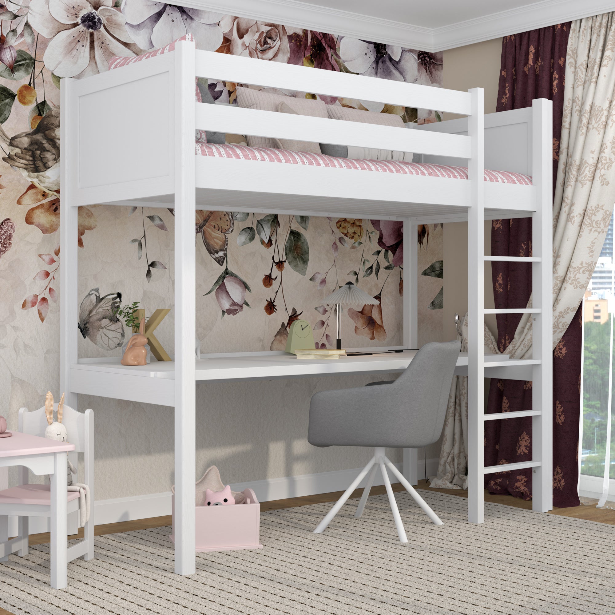 Lit mezzanine blanc – bureau en bois pod chambre, chambre d'enfant scandinave