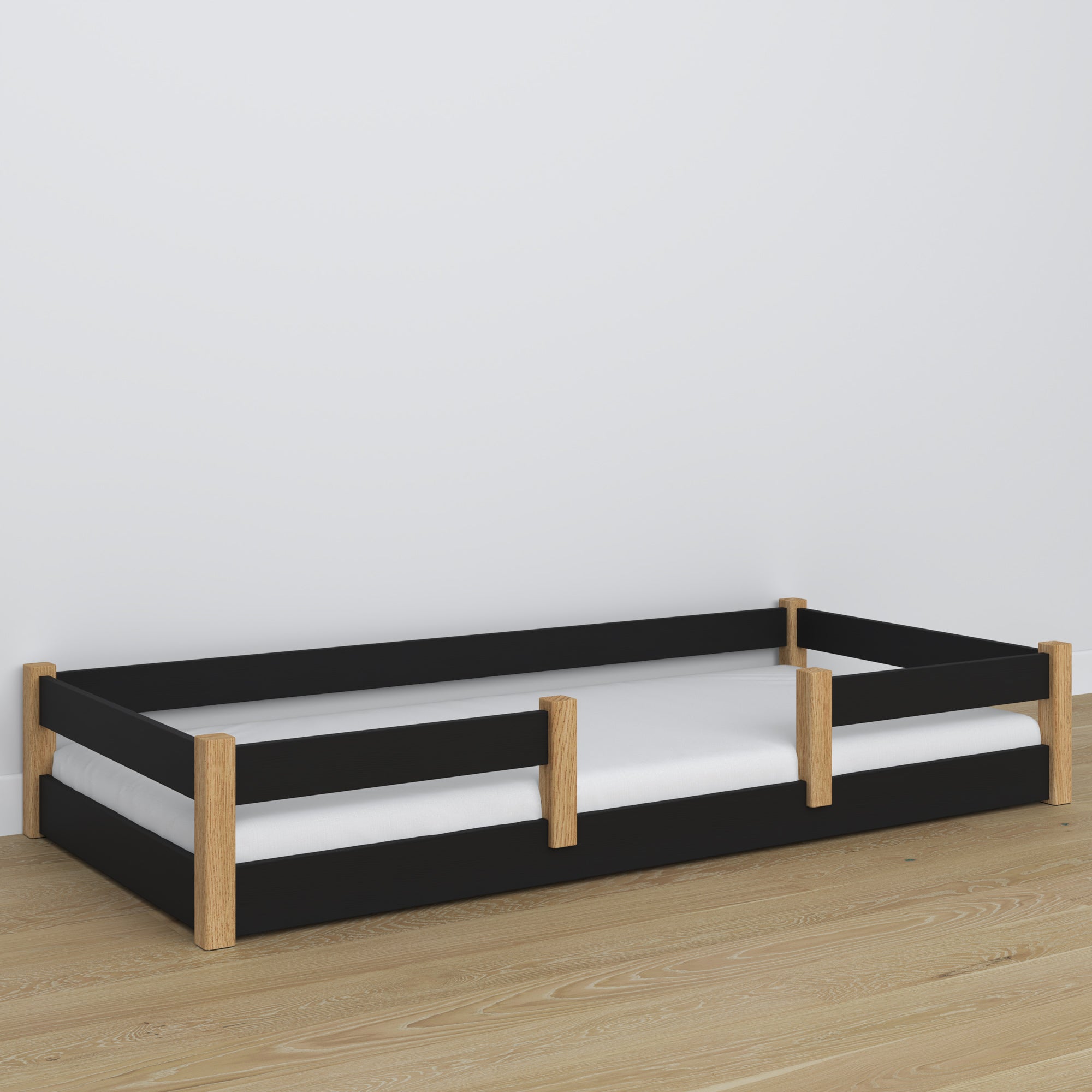 Laag bed houten zwart-eiken – details van verbindingen, Nizio Home