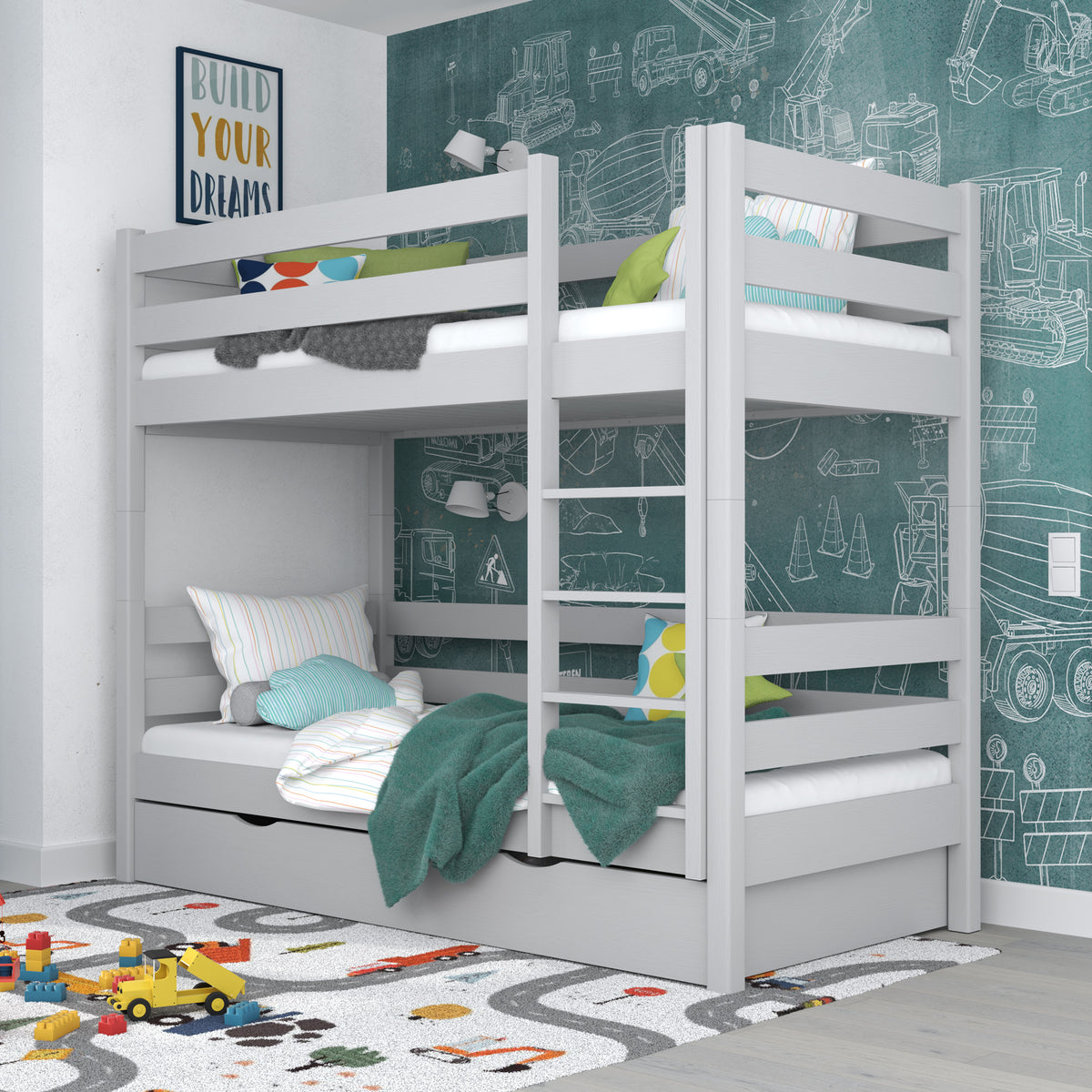 Stapelbed houten grijs – lade open, ruim bergvak onder het bed
