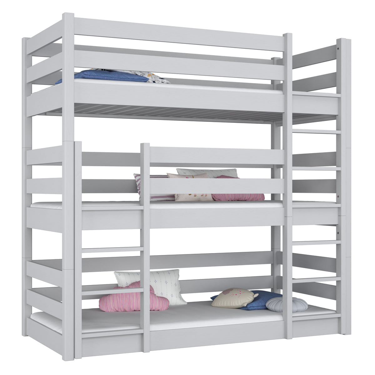 Driepersoonsstapelbed houten grijs – drie slaapplaatsen, kinderkamer scandi