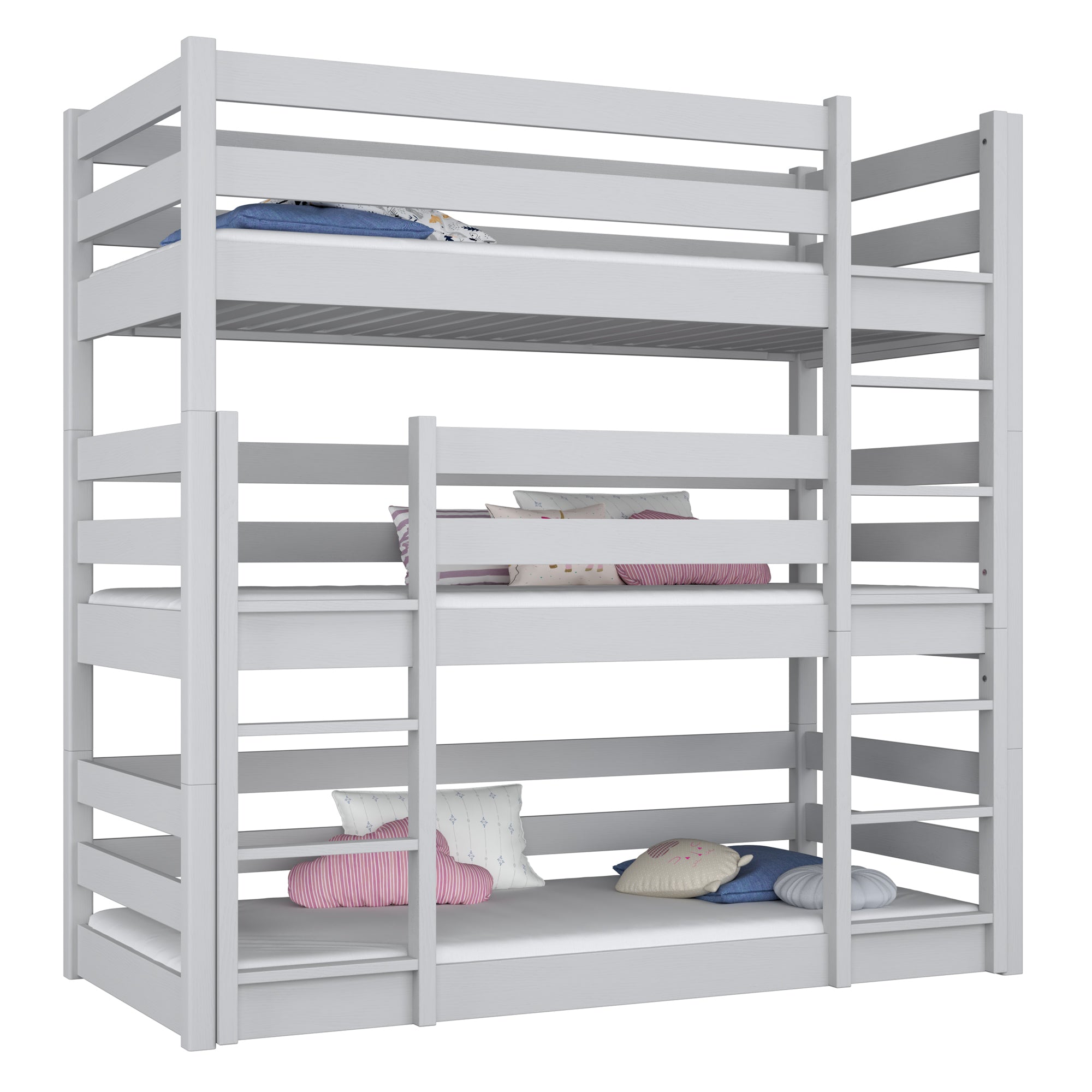 Driepersoonsstapelbed houten grijs – drie slaapplaatsen, kinderkamer scandi