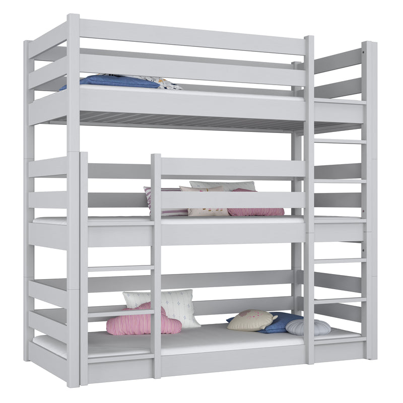 Driepersoonsstapelbed houten grijs – drie slaapplaatsen, kinderkamer scandi