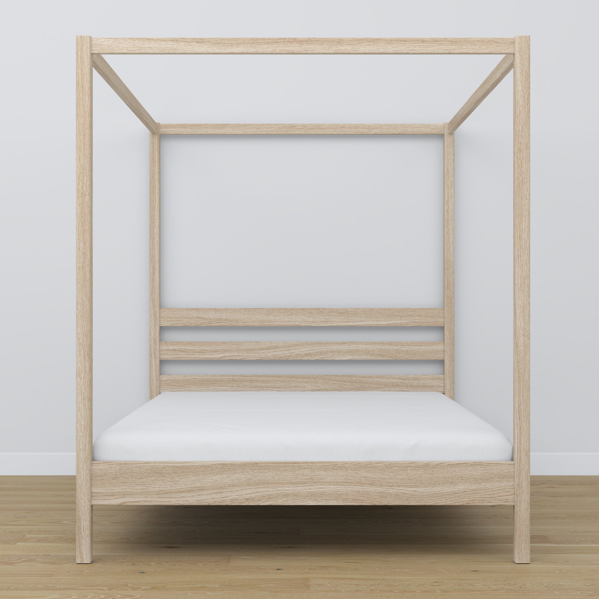 Tweepersoonsbed met hemel eiken gewit eiken – hoofdeinde en frame, close-up