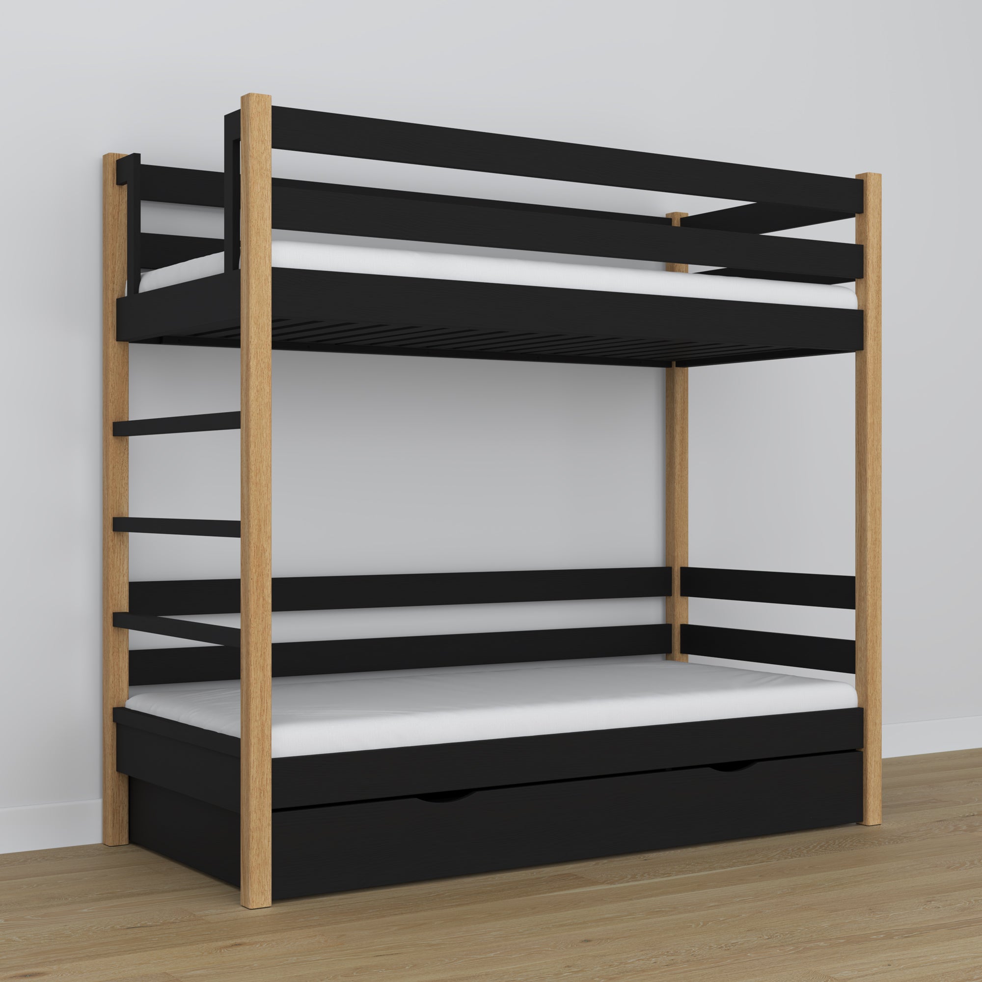 Stapelbed met lade zwart-eiken van hout – Scandinavisch design, Nizio