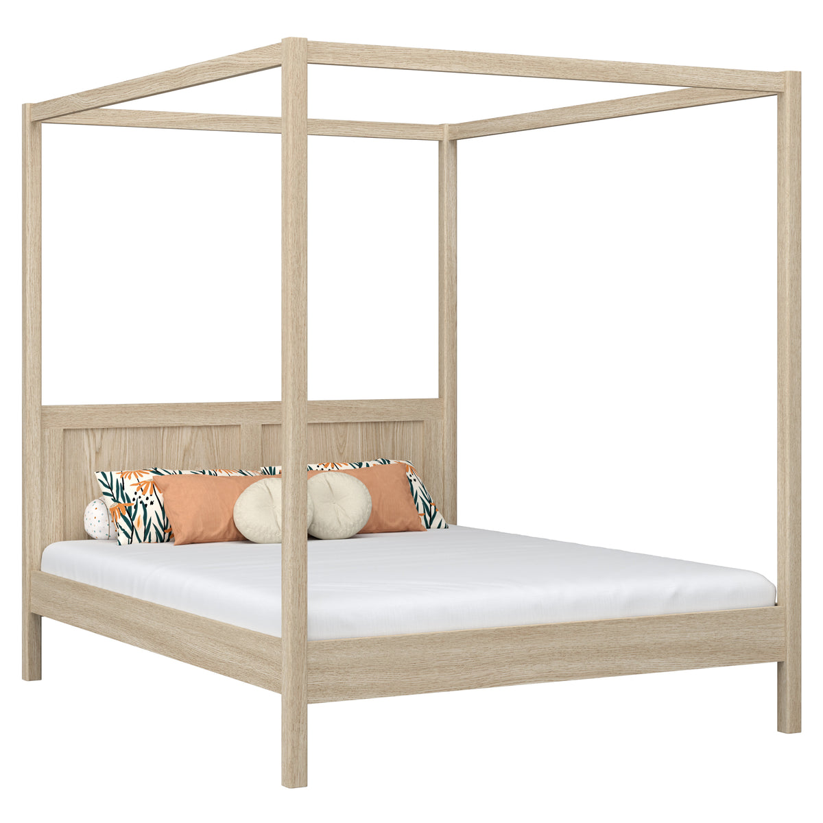 Tweepersoonsbed met hemel eiken gewit eiken – slaapkamer, Scandinavische stijl