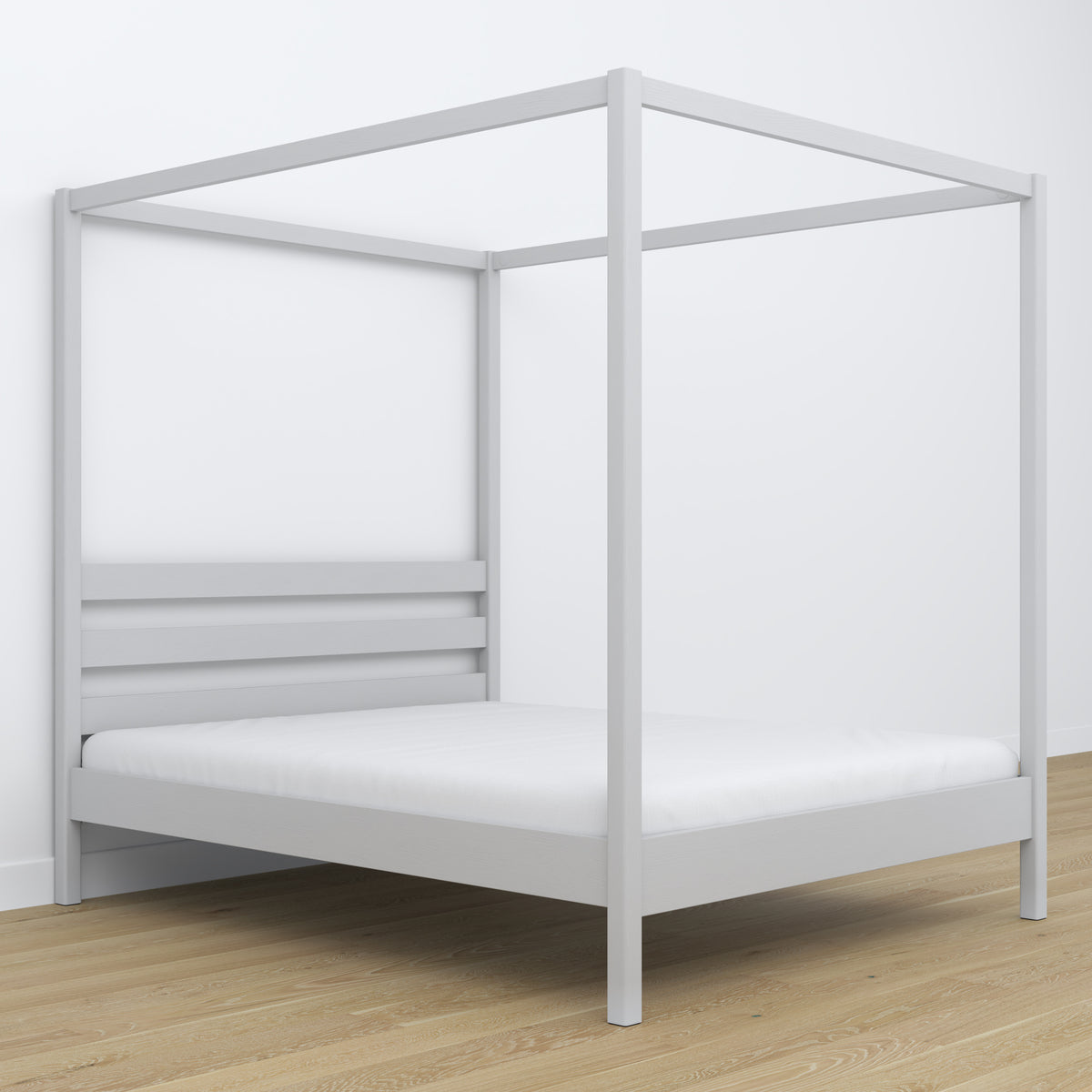 Tweepersoonsbed grijs met hemelbed – decoratief houten frame, scandi