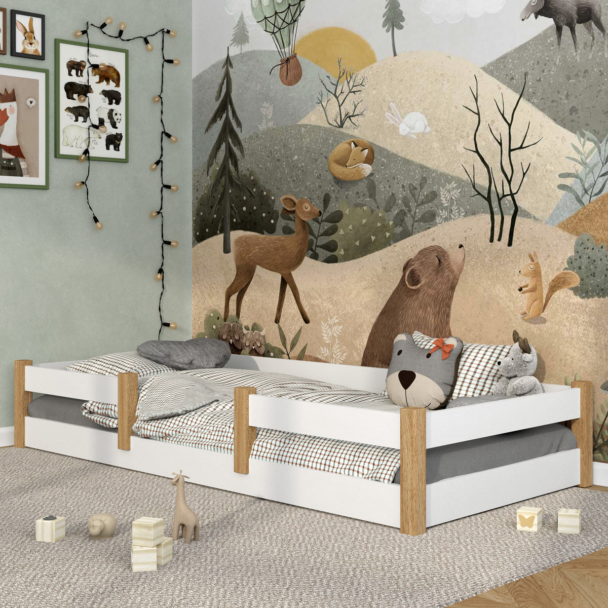 Laag bed houten wit-eiken – laag frame, zijaanzicht, slaapkamer scandi
