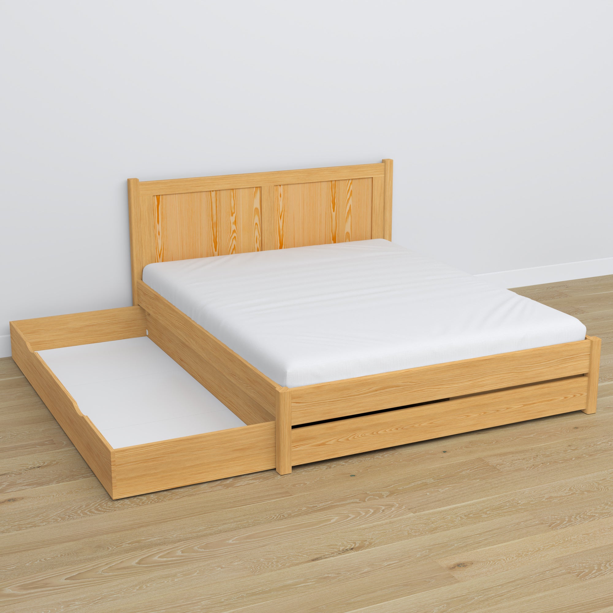 Tweepersoons bed met lade houten naturel grenen – lade open, ruim interieur