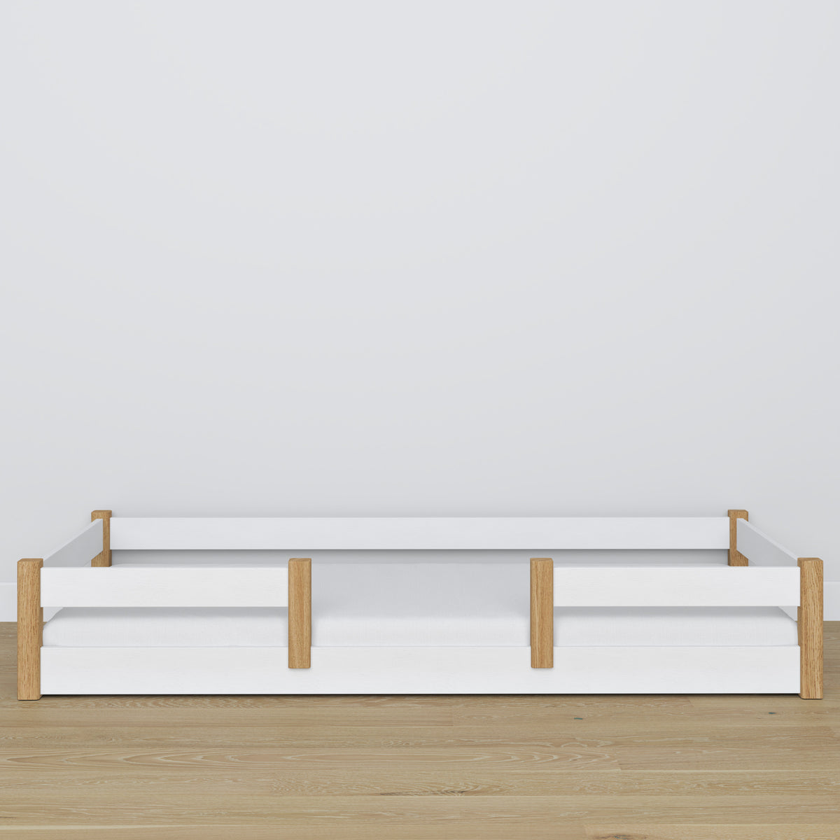 Laag bed wit-eiken – poten en basis houten, close-up