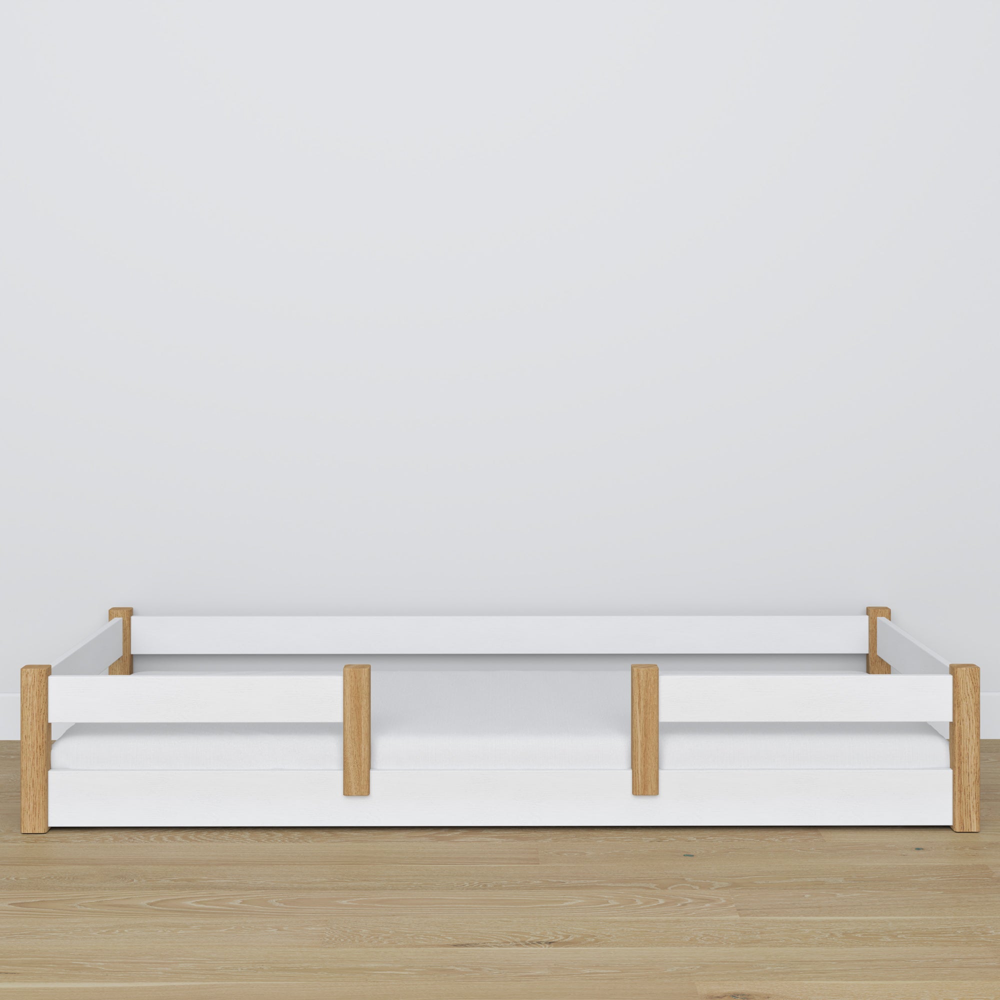 Laag bed wit-eiken – poten en basis houten, close-up