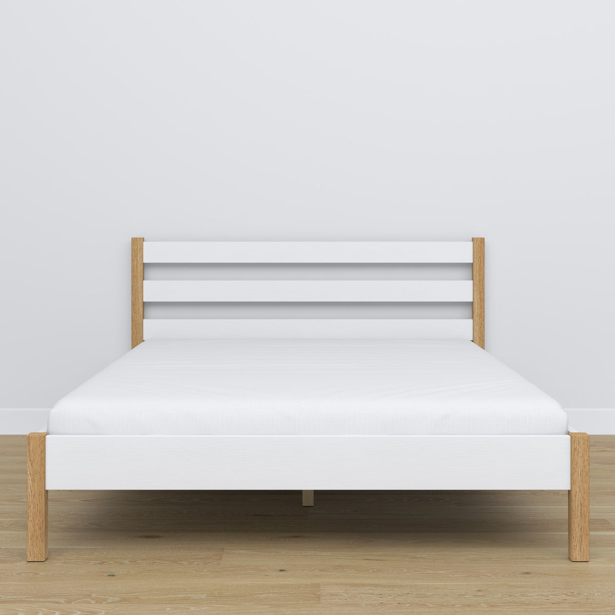 Tweepersoonsbed houten wit-eiken – zijaanzicht, proporties en vorm, slaapkamer