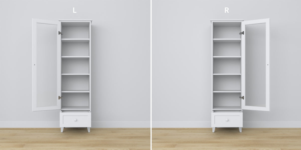 Display cabinet 1S 57 white – glass door hinges, wooden, close-up