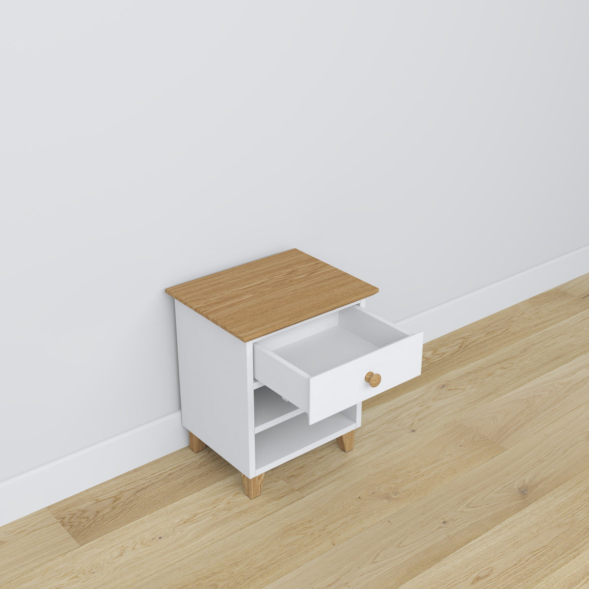 Table de chevet N02 en bois blanc avec chêne – tiroir ouvert, rangement près du lit