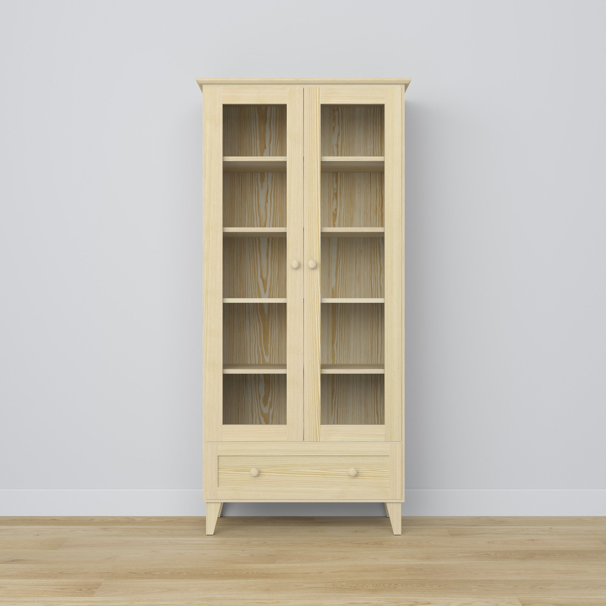 Vitrinekast met lade van grenenhout transparant grenen 90 cm – woonkamer, Scandinavische stijl Nizio