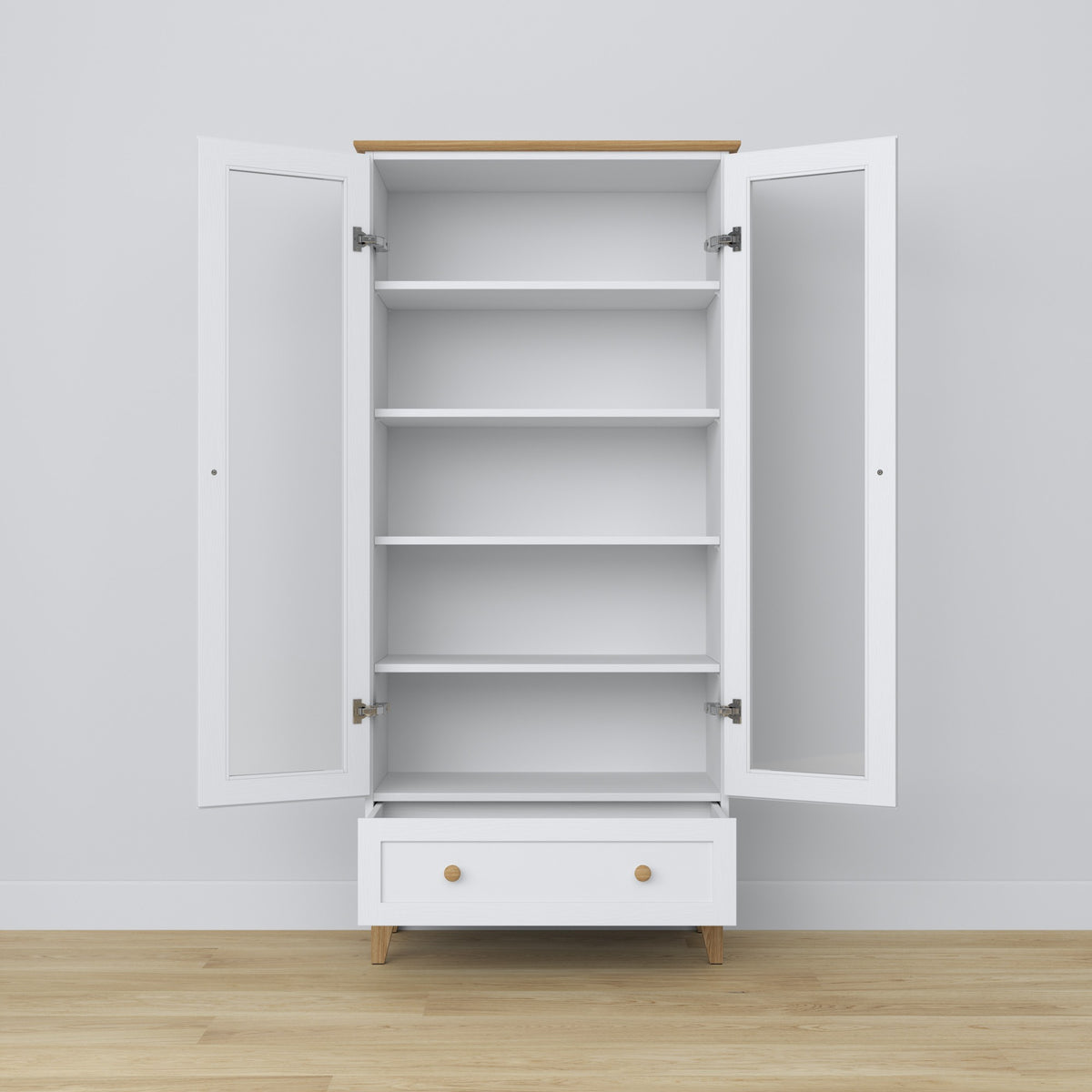 Vitrine 1S 90 blanc avec chêne – portes vitrées, charnières, en bois, Nizio