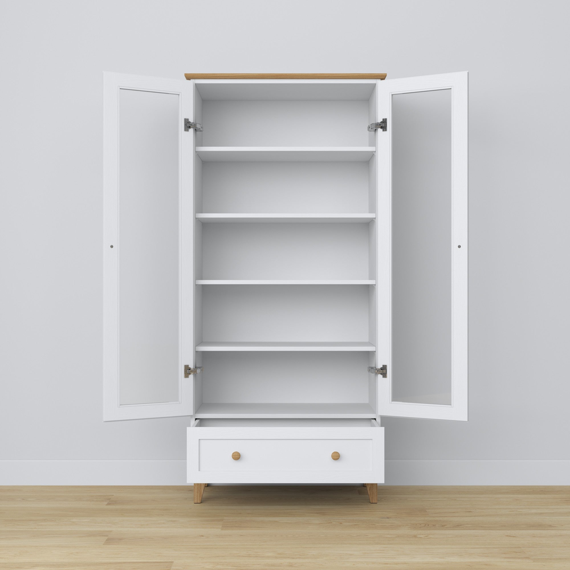 Vitrine 1S 90 blanc avec chêne – portes vitrées, charnières, en bois, Nizio