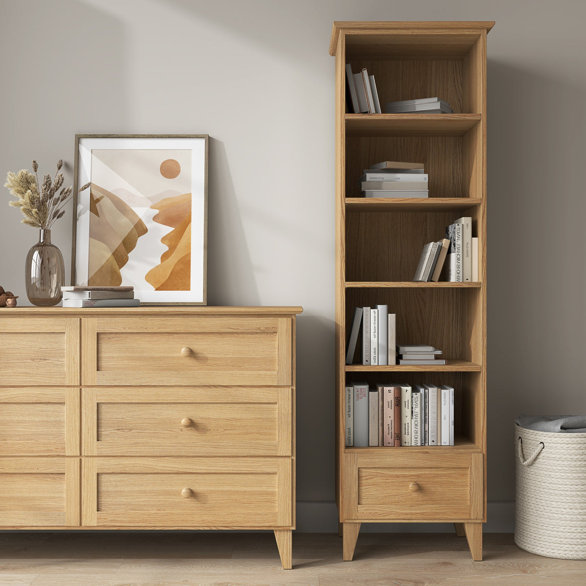 Étagère 1S en chêne chêne naturel – tiroir ouvert, rangement pour petits objets