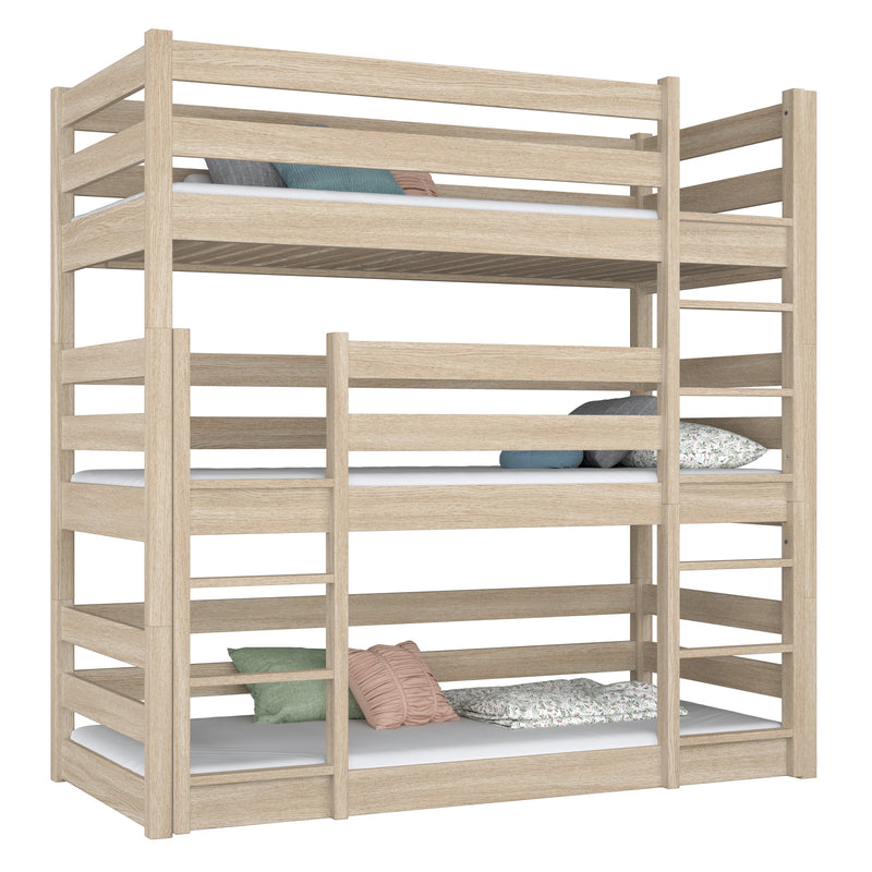 Driepersoonsbed van hout gewit eiken – drie slaapplekken, scandi kinderkamer