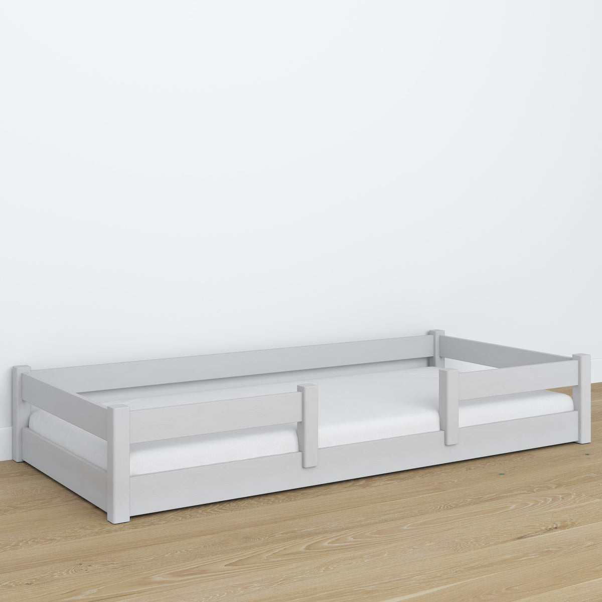 Laag bed grijs – houten hoofdeinde, close-up op houtskwaliteit