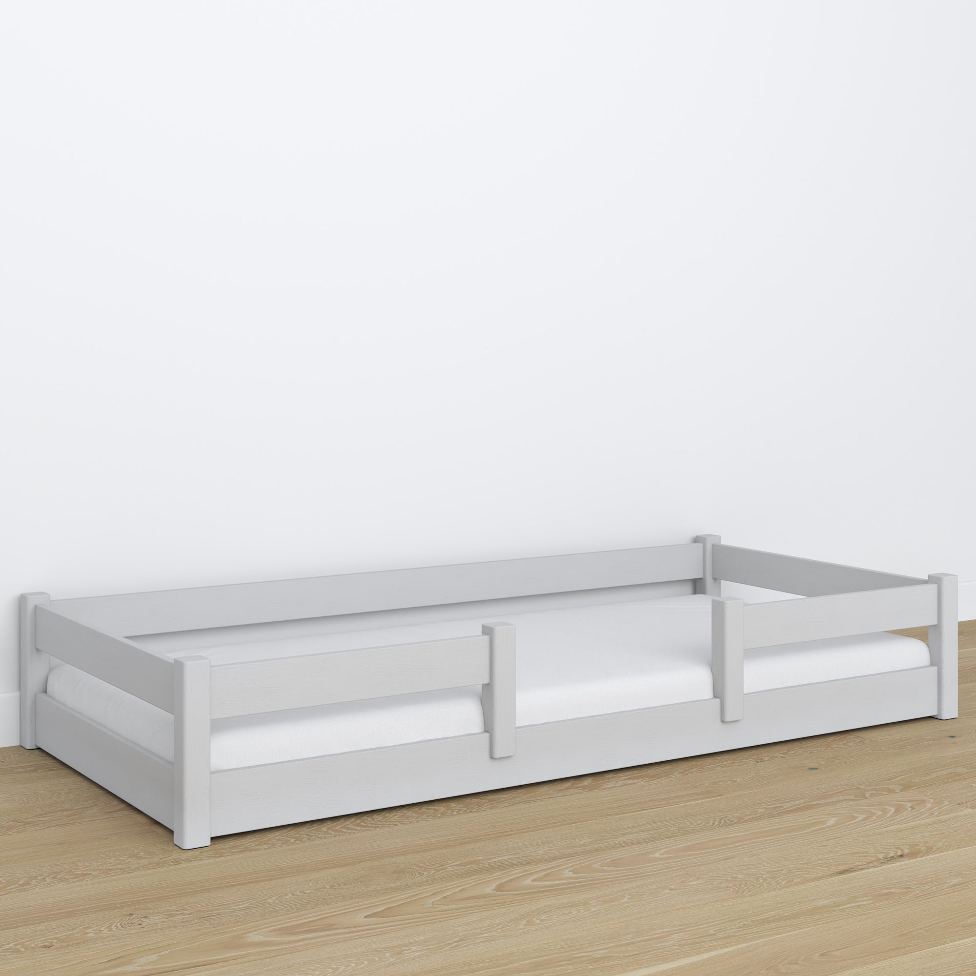 Laag bed grijs – houten hoofdeinde, close-up op houtskwaliteit