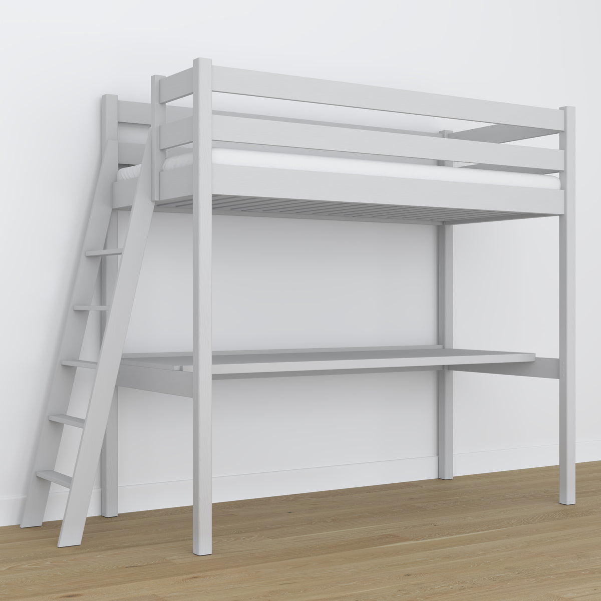 Houten hoogslaperbed met bureau grijs – ladder en veiligheidsbeugel