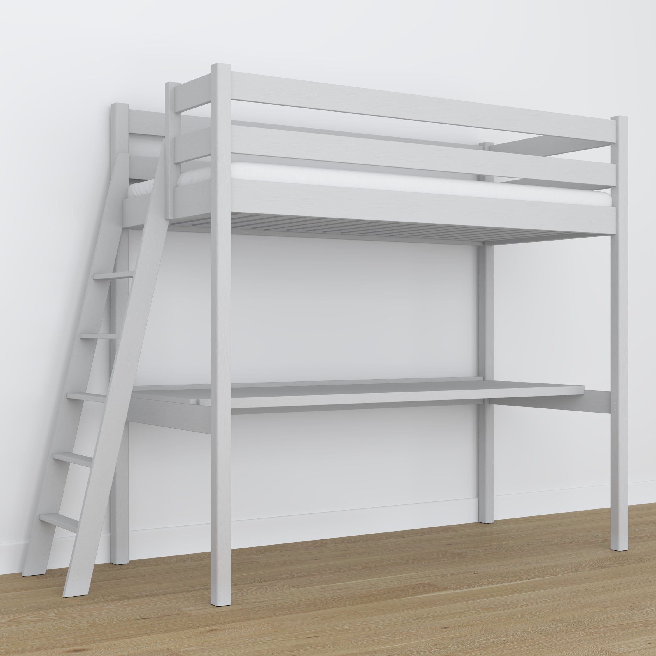 Houten hoogslaperbed met bureau grijs – ladder en veiligheidsbeugel