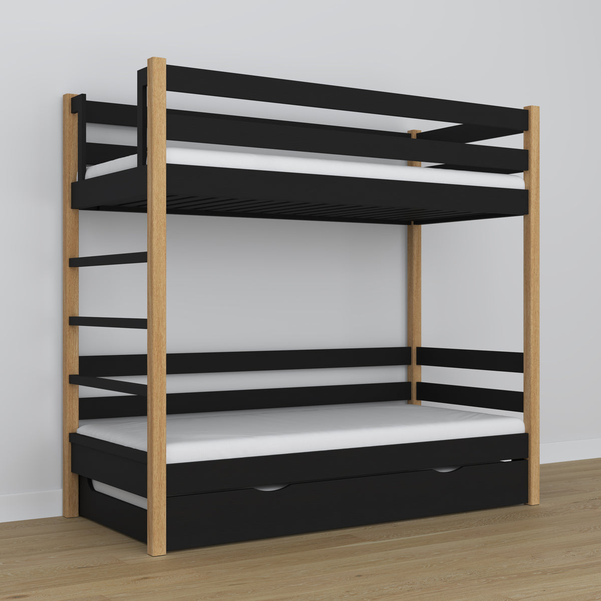 Stapelbed met lade voor matras zwart-eiken van hout – massief hout, scandi stijl