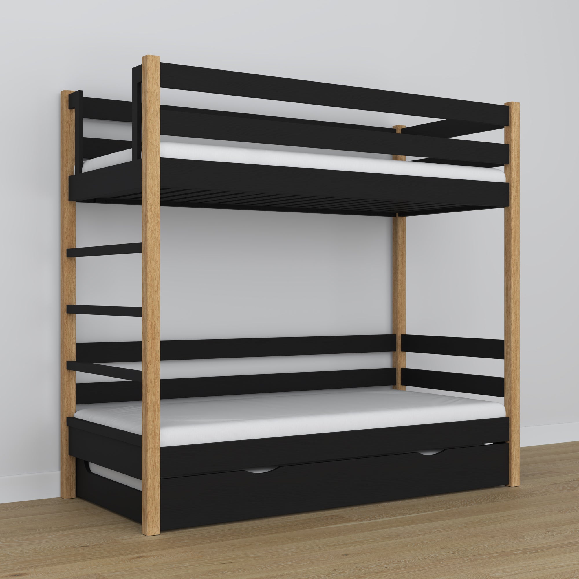 Stapelbed met lade voor matras zwart-eiken van hout – massief hout, scandi stijl