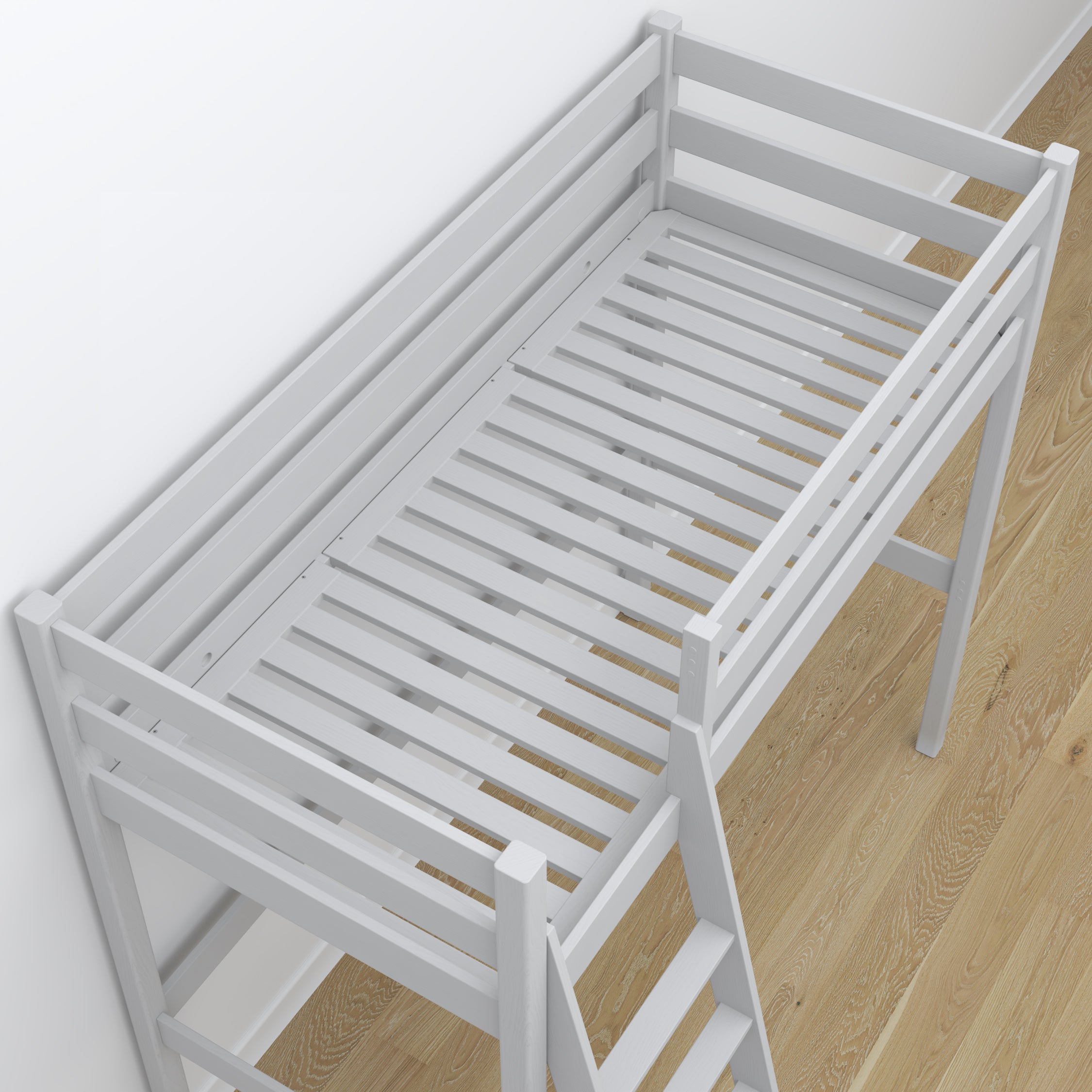 Grey Wooden Loft Bed with Desk – Ladder and Joint Details