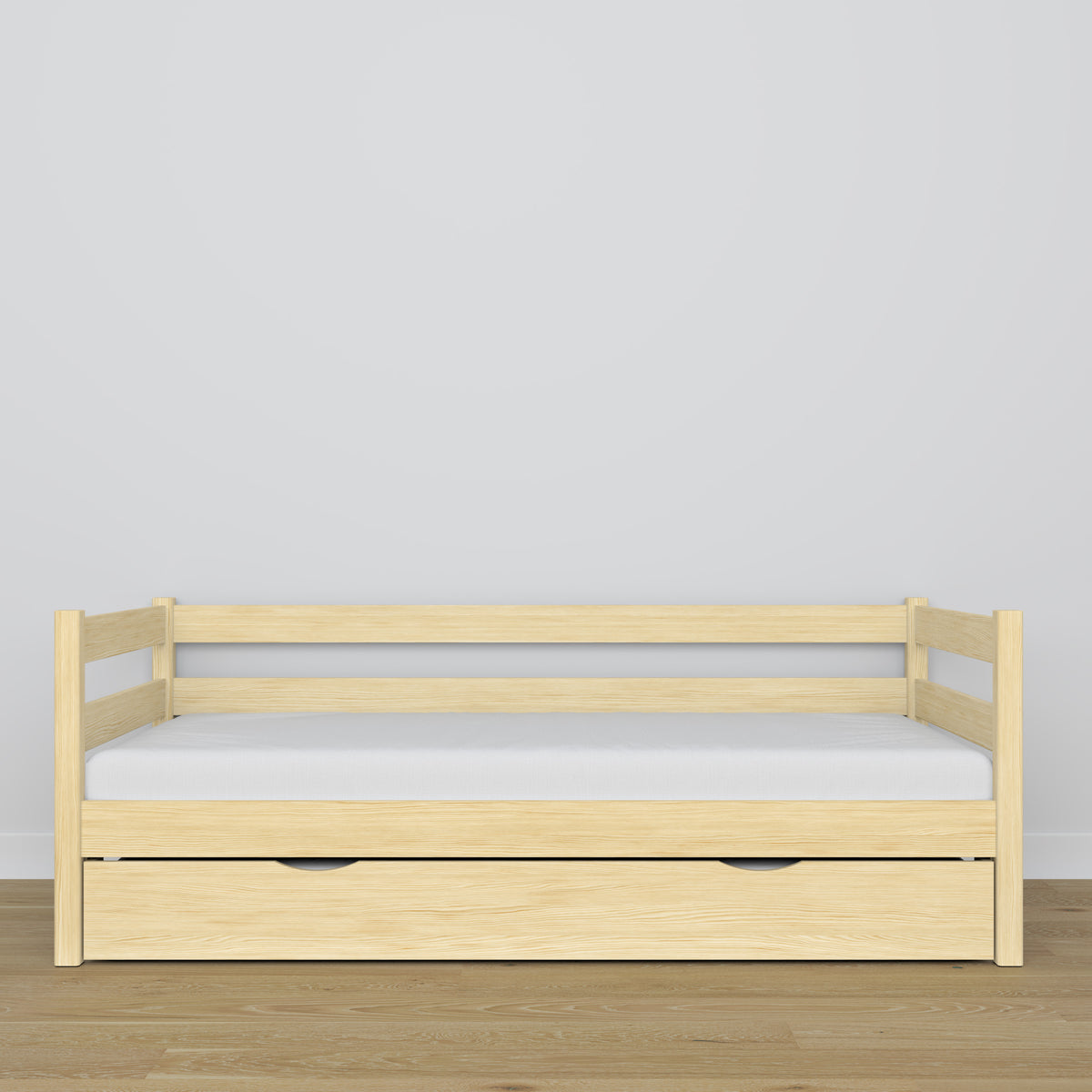 Clear pine sofa bed with mattress drawer made of wood – dimensions, Nizio