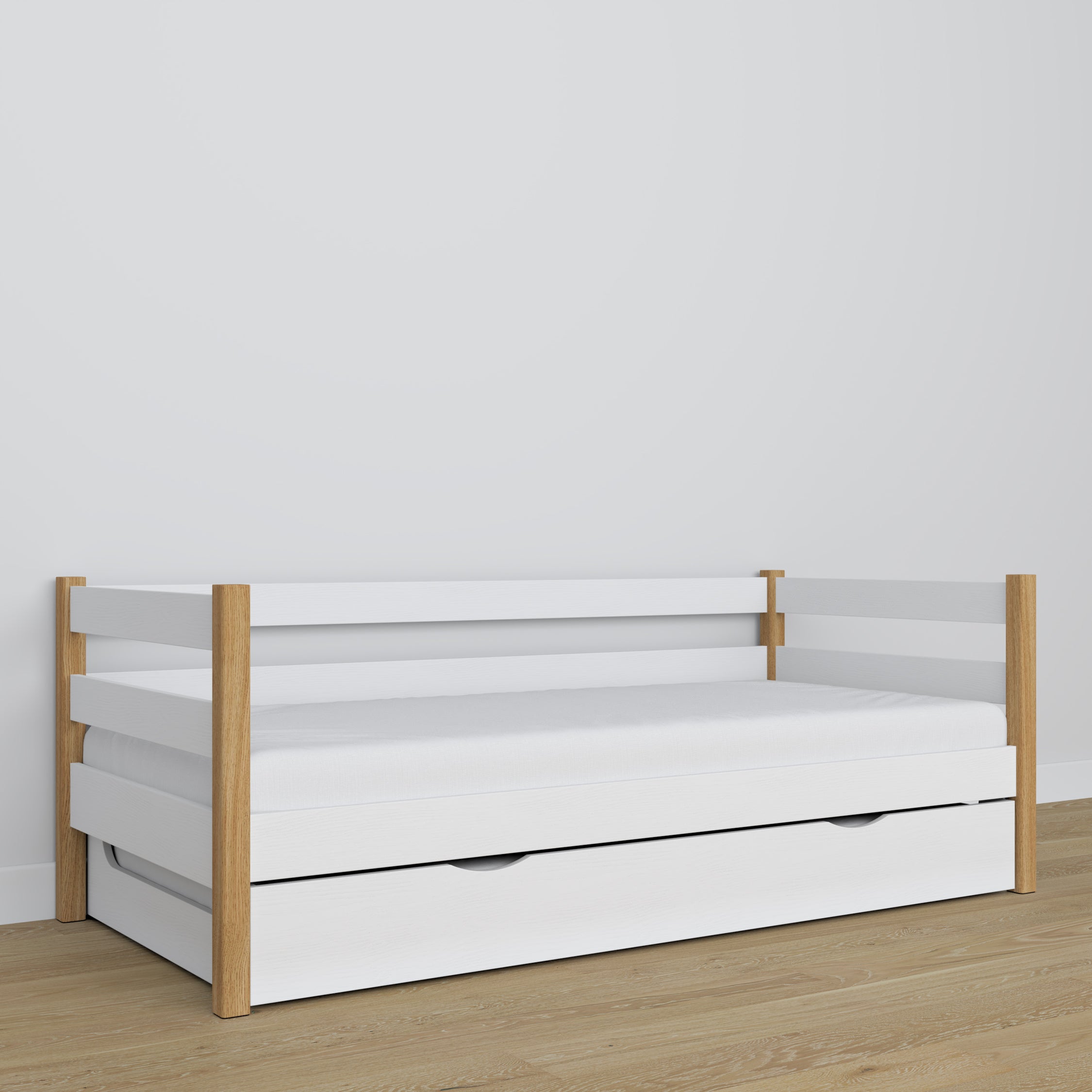 Slaapbank wit-eiken – houten details, hoge kwaliteit Nizio