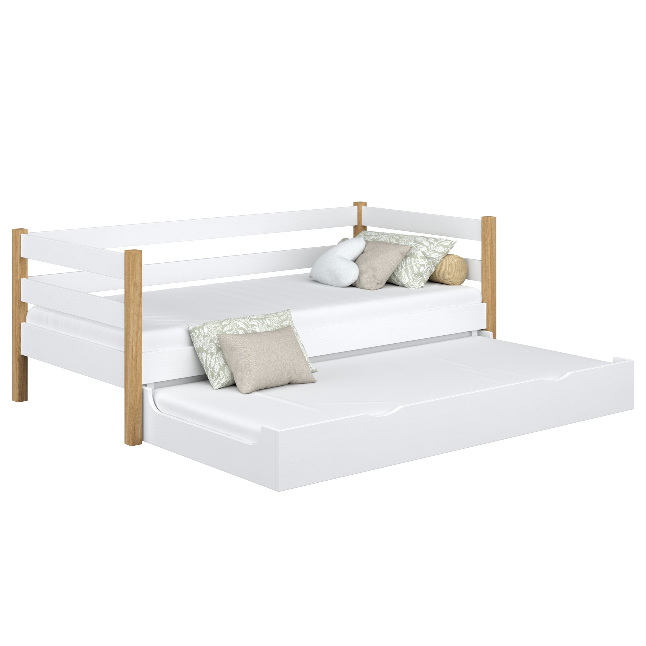 Houten slaapbank met matraslade wit-eiken – kinderkamer, scandi